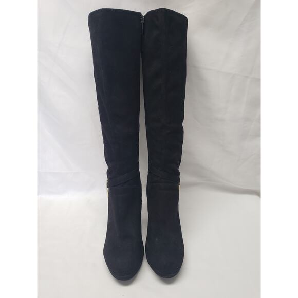 IMPO Stretch Black & Gold Suede Knee High Heeled Boots - Size 8 - Picture 2 of 11